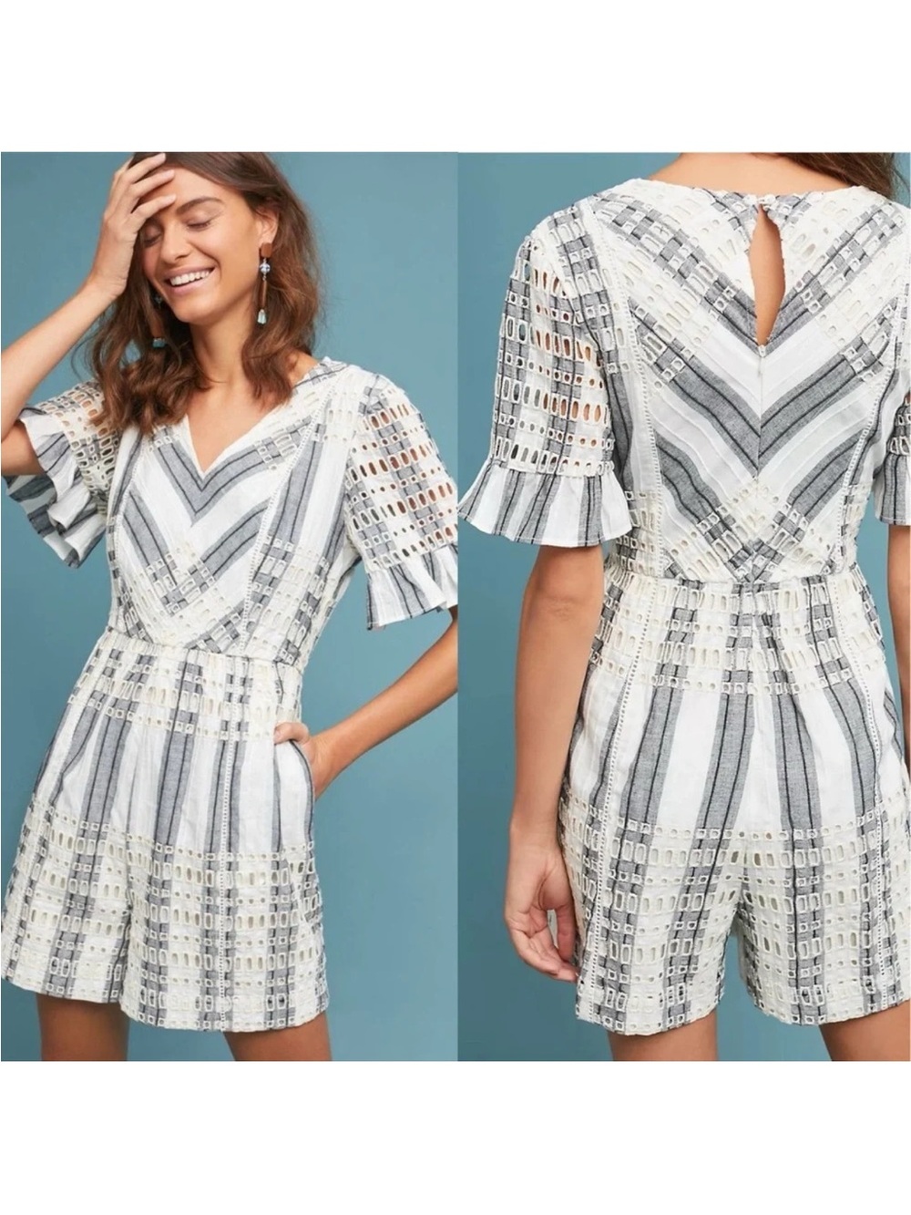 Anthropologie Ett:twa Eyelet Embroidered Striped Romper Black White Size 0